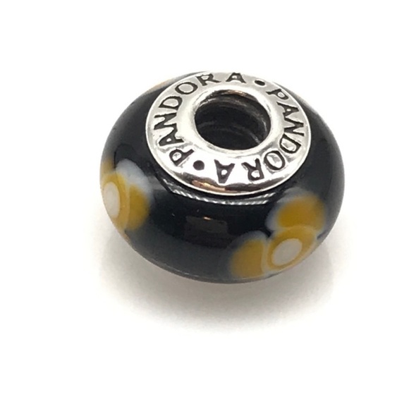 Pandora Retired Black Yellow Flowers For You Floral Murano Glass Bead Charm - Picture 1 of 5